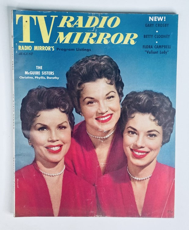 Cover of VTG TV Radio Mirror Magazine August 1955, Vol 44 #3 featuring the McGuire Sisters, showcasing vintage fashion and pop culture.