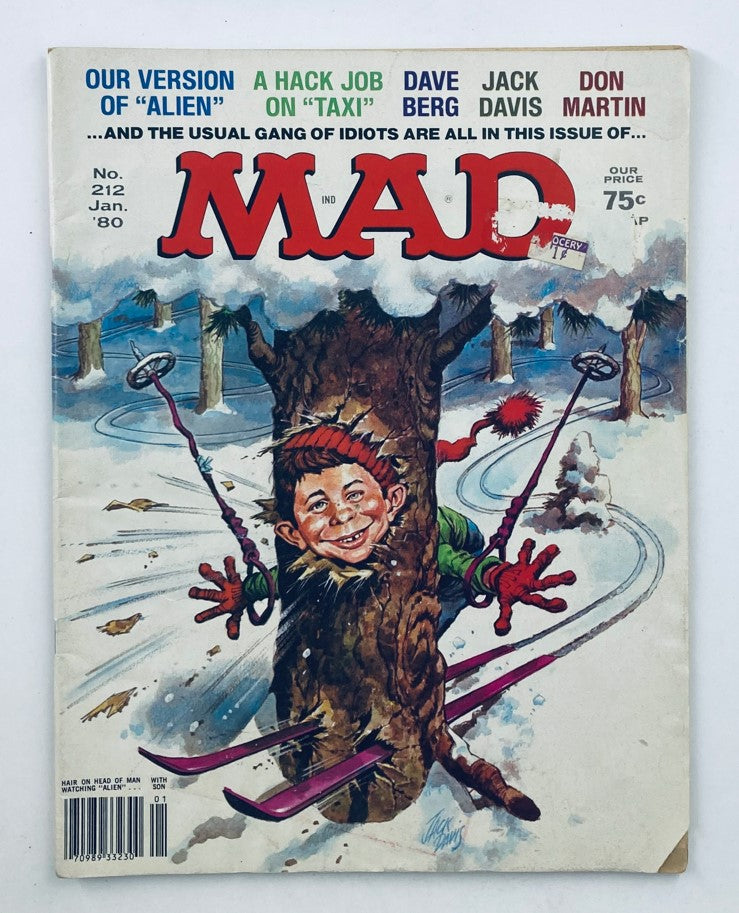 Mad Magazine January 1980 No. 212 cover featuring a humorous illustration of a boy with red hair skiing around a tree with the title "Our Version of Alien" prominently displayed.