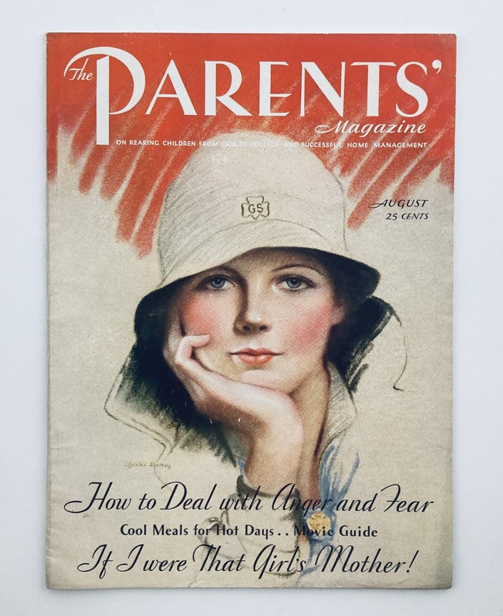 Cover of VTG The Parents' Magazine August 1932 Vol 7 No. 8 featuring an illustration of a woman in a vintage hat, with the title and subtitle about parenting advice and articles.