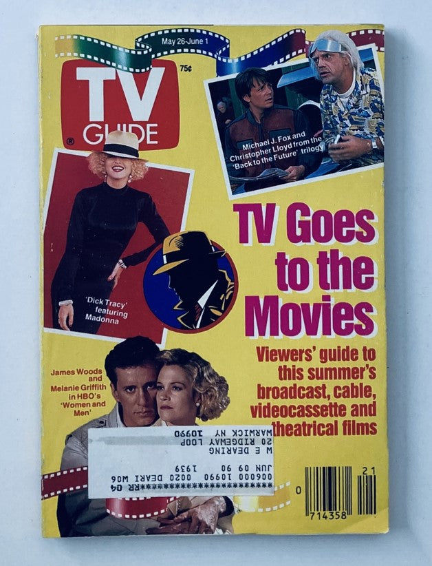TV Guide Magazine cover from May 26, 1990 featuring Dick Tracy, Michael J. Fox, and the theme 'TV Goes to the Movies' showcasing popular television and films of the era.