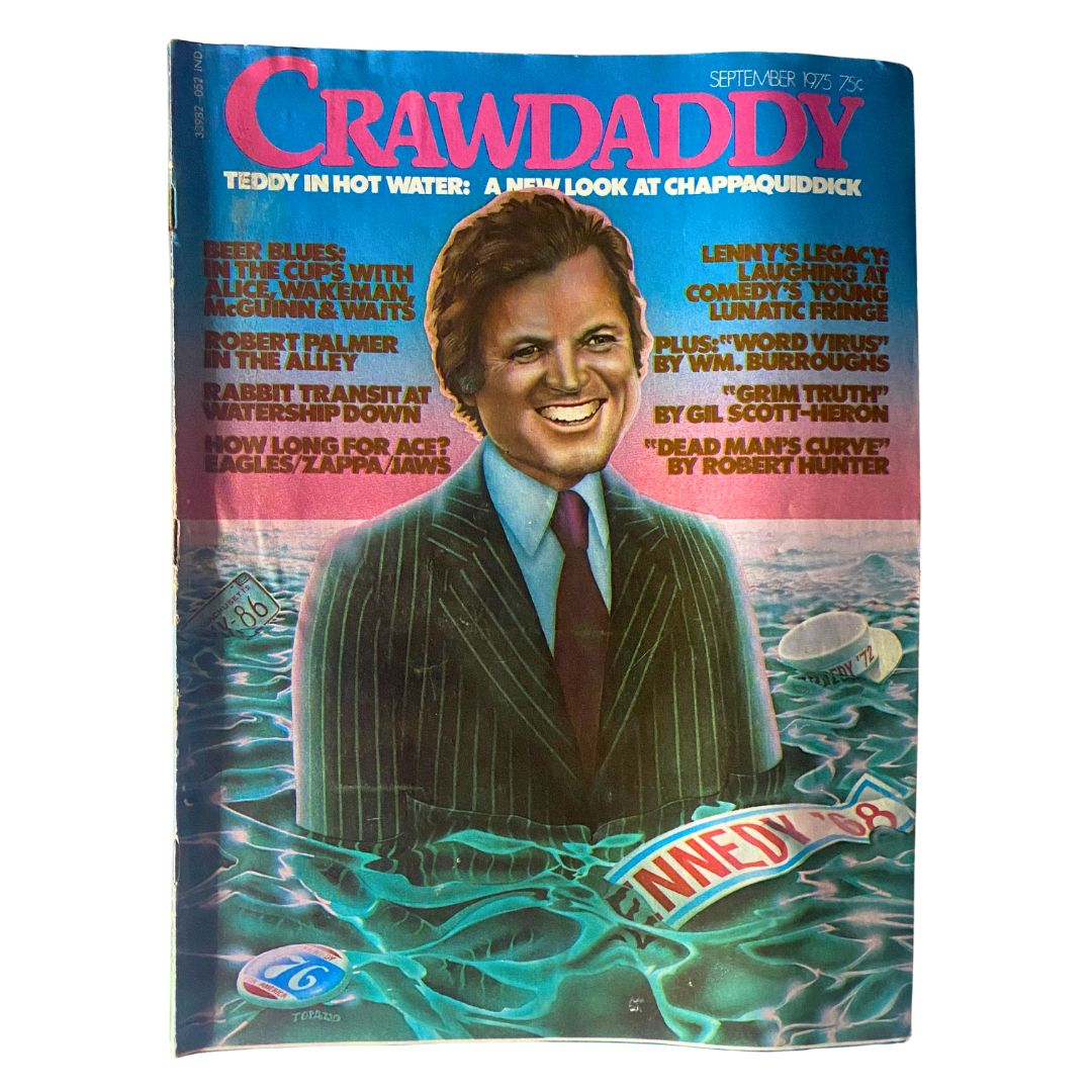 Crawdaddy Magazine cover from September 1975 featuring Ted Kennedy. The vibrant design includes the title 'Crawdaddy' along with notable articles, reflecting the music and political culture of the era.