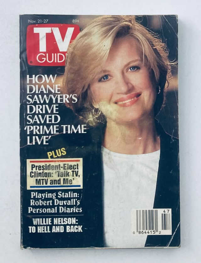 Cover of TV Guide Magazine from November 21, 1992 featuring Diane Sawyer, titled 'TV Guide Magazine November 21 1992 Diane Sawyer Chicago Metro Ed. No Label.' The cover highlights articles on President-Elect Clinton, wrestling, and TV shows.
