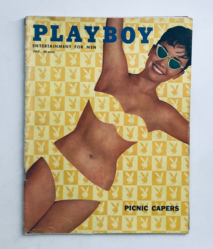Cover of VTG Playboy Magazine July 1958 featuring a model in a bikini and sunglasses, showcasing vintage 1950s style and charm.