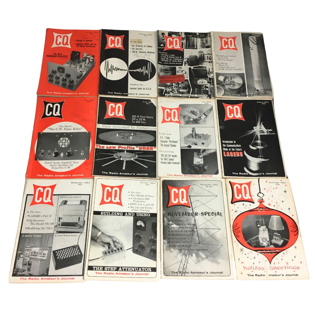 Lot of 12 complete January to December 1964 CQ The Radio Amateur's Journal, showcasing various cover designs featuring amateur radio topics, including equipment and technical advice for enthusiasts.