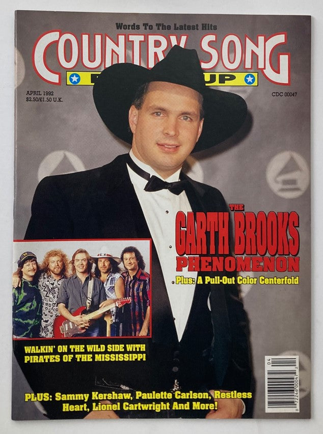 Country Song Roundup Magazine from April 1992 featuring Garth Brooks on the cover, highlighting the Garth Brooks phenomenon and featuring artists like Sammy Kershaw and Pirates of the Mississippi.