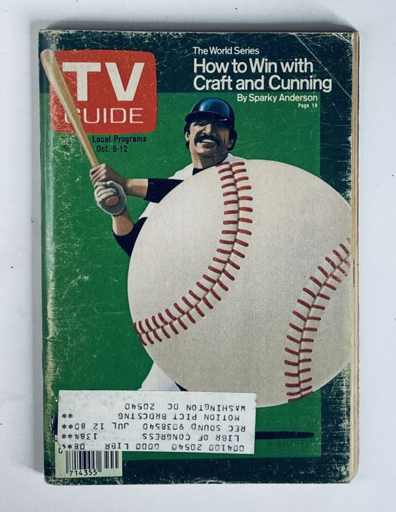Cover of TV Guide Magazine October 6, 1979, Issue #1384 featuring a baseball player holding a bat with a large baseball in the center. This collectible vintage magazine includes articles on winning with craft and cunning, set in the Los Angeles Metro area.