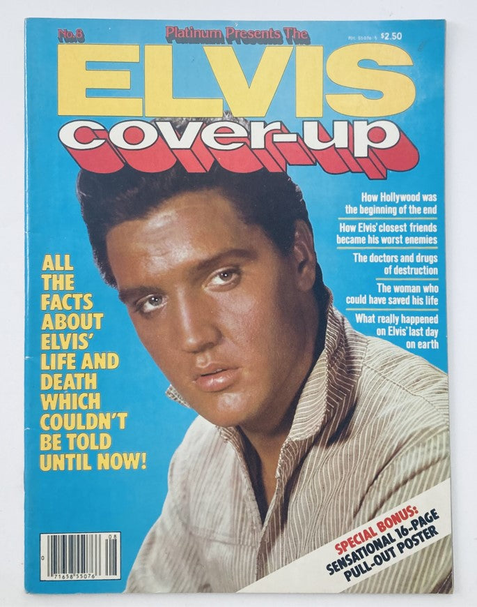 Cover of Platinum Magazine Presents The Elvis Cover-Up 1980 No. 8 featuring Elvis Presley with a striking expression and a brief overview of content, showcasing his impact on music and pop culture.
