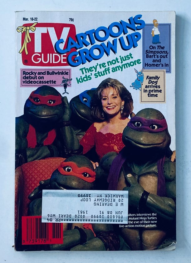 Cover of TV Guide Magazine March 16 1991 featuring Barbara Walters and the Ninja Turtles, showcasing the headline 'Cartoons Grow Up: They're not just kids' stuff anymore' alongside celebrity and pop culture imagery.
