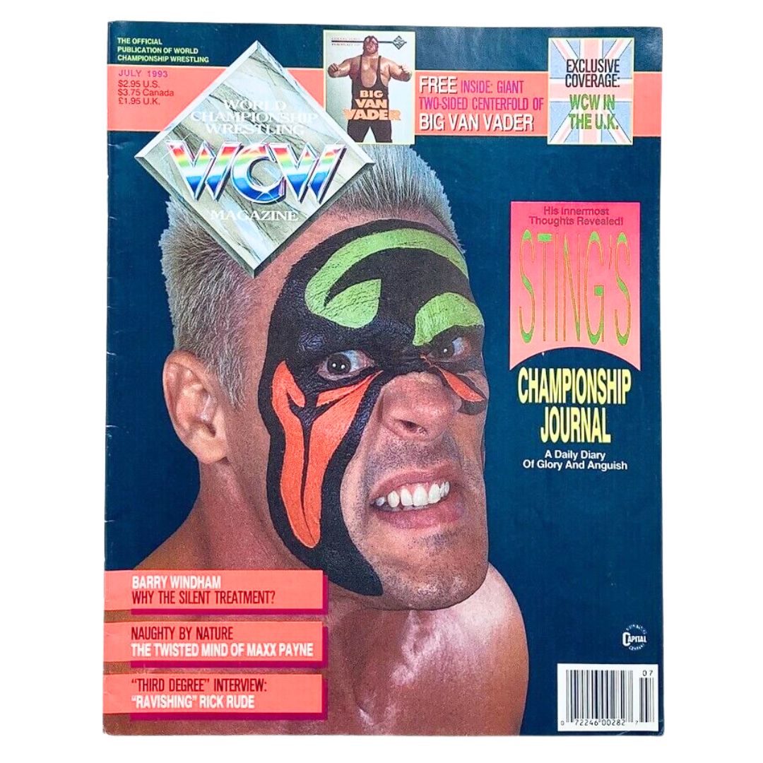 WCW Wrestling Magazine July 1993 cover featuring Sting, showcasing his iconic face paint and intense expression, representing a pivotal moment in wrestling history.
