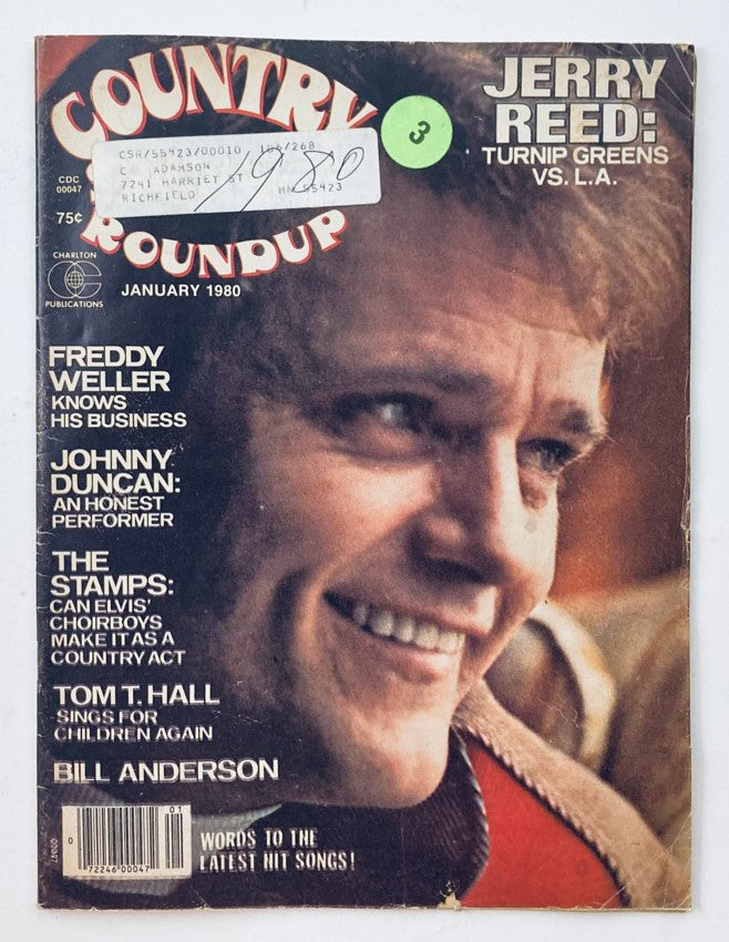 Cover of the VTG Country Song Roundup Magazine from January 1980 featuring Jerry Reed, discussing Turnip Greens vs. L.A., with highlights of artists like Freddy Weller and Johnny Duncan.