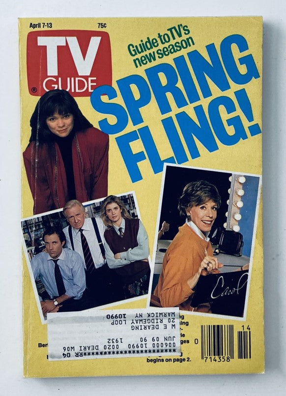 TV Guide Magazine cover from April 7, 1990 featuring Valerie Bertinelli and Carol Burnett, themed 'Spring Fling!', showcasing popular TV shows of that era.
