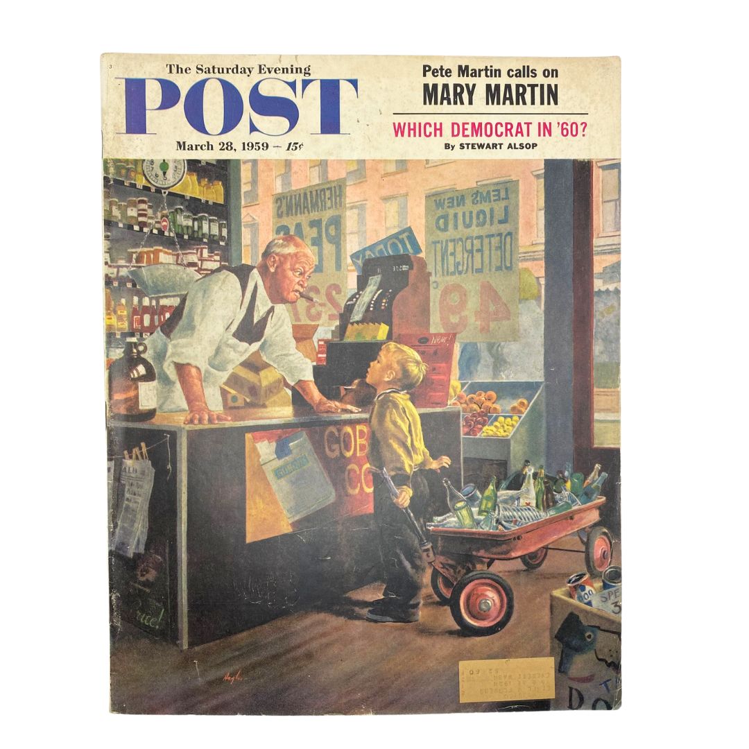 Cover of Saturday Evening Post Magazine, March 28, 1959, featuring the artwork titled 'Mr. Cangrocer' by George Hughes, depicting a grocery store scene with a boy and a shopkeeper.