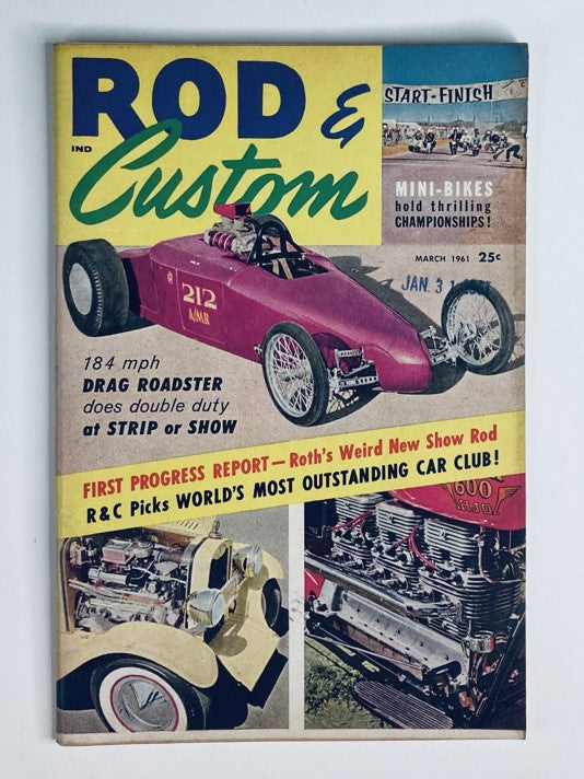 VTG Rod & Custom Magazine March 1961 vintage cover featuring Roth's Weird New Show Rod with eye-catching graphics and headlines about custom cars and drag racing.
