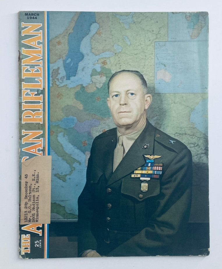 VTG American Rifleman Magazine March 1944 Cover featuring General Merritt Edson with colorful map backdrop, highlighting military history and wartime themes.