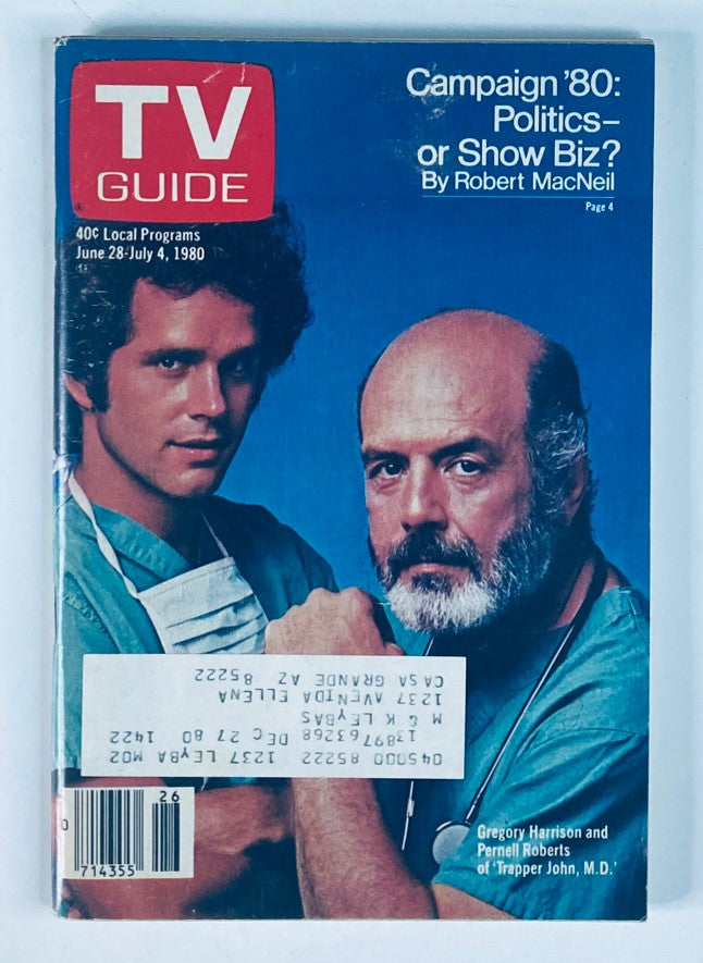 TV Guide Magazine June 28 1980 featuring Gregory Harrison and Pernell Roberts on the cover, showcasing their iconic roles in television.