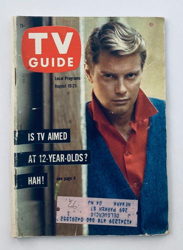 Cover of TV Guide Magazine August 19, 1961, featuring Troy Donahue, discussing television aimed at younger audiences.