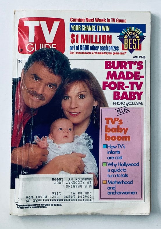 TV Guide Magazine from April 20 1991 featuring Burt Reynolds and Marilu Henner on the cover with a baby, showcasing vintage television culture.