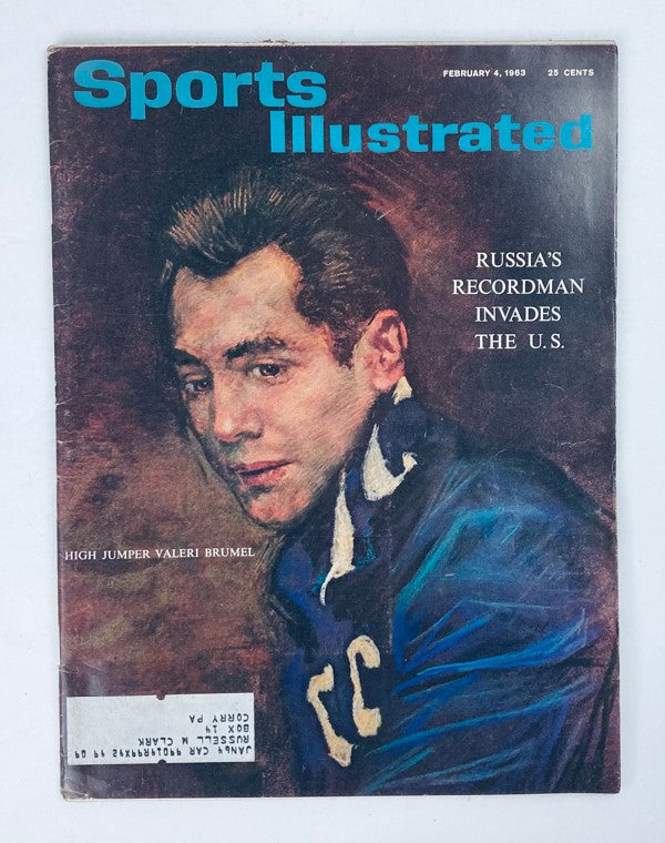Cover of Sports Illustrated Magazine February 4, 1963, Vol 18 No. 5 featuring high jumper Valeri Brumel. The cover includes a painting-style portrait of Brumel with the title displayed prominently.