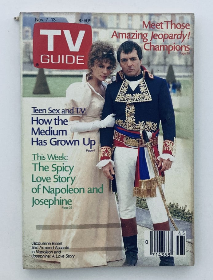 TV Guide Magazine from November 7, 1987, featuring Jacqueline Bisset and Armand Assante, showcasing the love story of Napoleon and Josephine, in pristine condition.