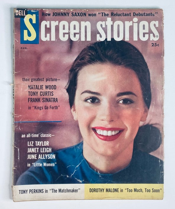 VTG Screen Stories Magazine August 1958 Cover featuring Natalie Wood, Tony Curtis, and Frank Sinatra, showcasing Hollywood's Golden Age