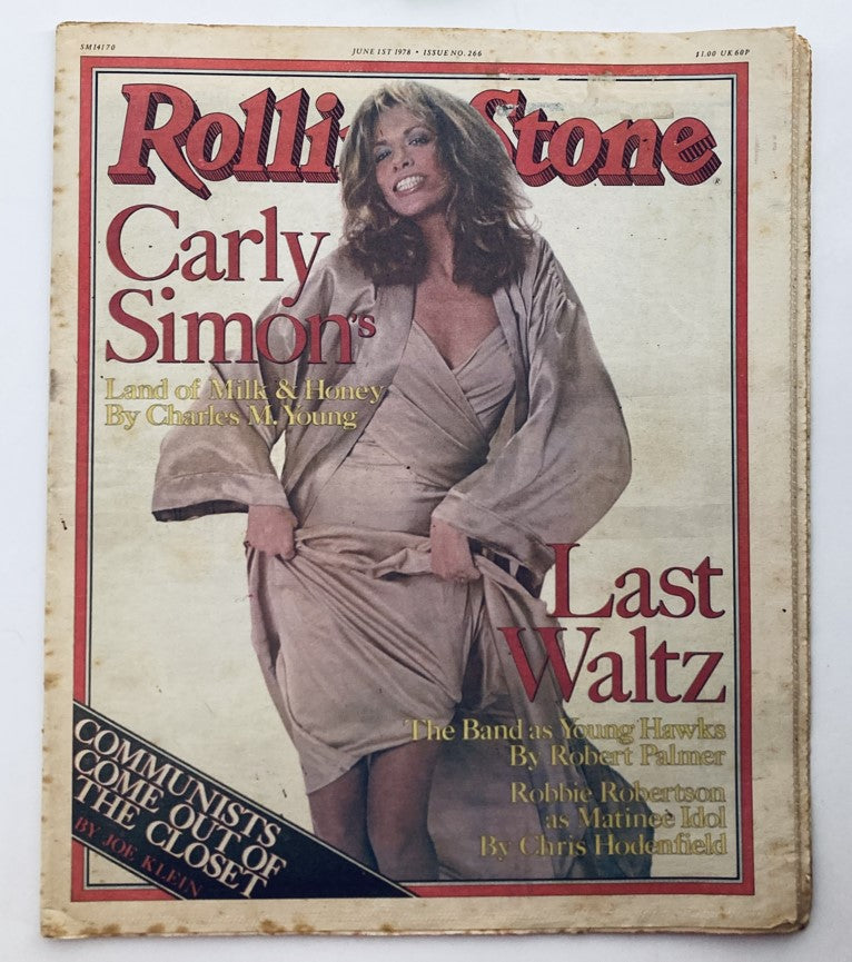 Cover of Rolling Stone Magazine June 1, 1978, Issue 266 featuring Carly Simon, with headline 'Land of Milk & Honey' and additional articles including 'The Last Waltz'.