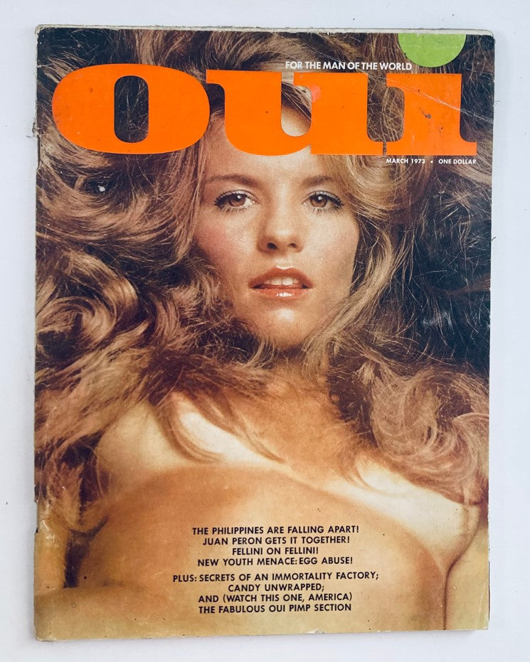 Cover of VTG Oui Magazine March 1973, Volume 2, Number 3 featuring an artistic photograph of a woman with wavy hair, highlighting the magazine's focus on 1970s fashion and culture.