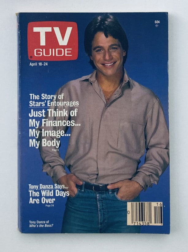 Cover of TV Guide Magazine from April 18, 1987 featuring Tony Danza, showcasing topics like 'The Story of Stars' Entourages' and related articles.