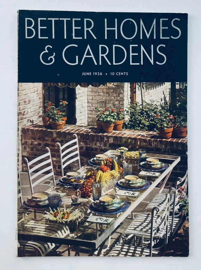 Cover of Better Homes & Gardens Magazine from June 1936 featuring a beautiful outdoor dining setup with plates of food, showcasing home decor and gardening tips.