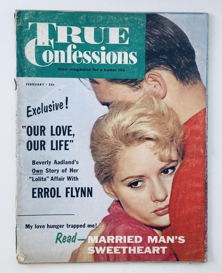 Cover of VTG True Confessions Magazine February 1960 Vol 68 No. 451 featuring a dramatic illustration of a woman with blonde hair and a man in the background. The cover highlights exclusive content about Beverly Aadland's story of her affair with Errol Flynn.