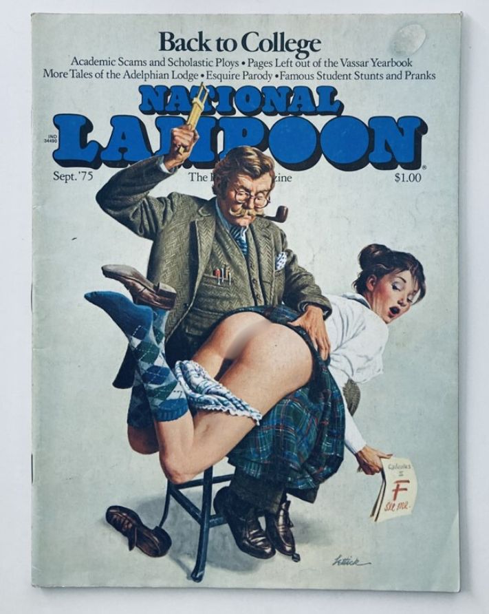 Vintage National Lampoon Magazine September 1975 cover featuring humorous illustration related to college life.