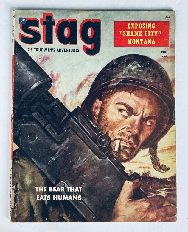 VTG Stag Magazine February 1953 Vol 4 No. 2 cover featuring the title 'The Bear That Eats Humans' with striking artwork of a soldier.