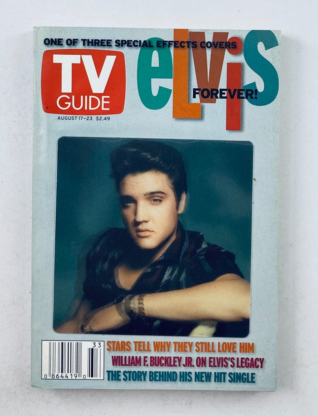 TV Guide Magazine August 17 2002 Elvis Presley Legacy Time Warner Manhattan Edition cover featuring Elvis Presley with the headline 'elvis forever!' showcasing a special effects image of Elvis.