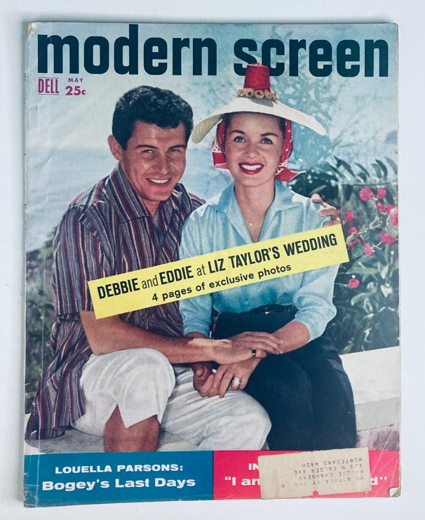 Cover of VTG Modern Screen Magazine May 1957 showcasing Debbie Reynolds and Eddie Fisher at Liz Taylor's wedding with exclusive photos highlighted.