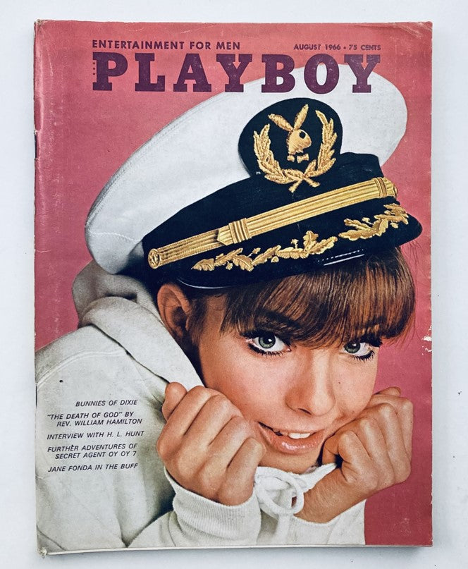 Vintage Playboy Magazine August 1966 featuring Playmate Susan Denberg on the cover, showcasing a captivating design with a marine cap, ideal for collectors and enthusiasts of classic magazines.