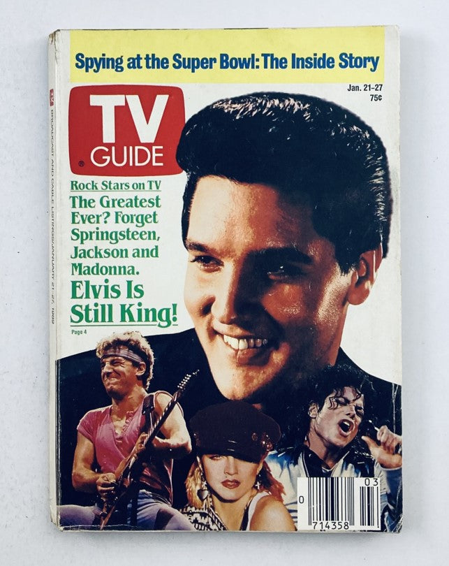 TV Guide Magazine dated January 21, 1989 featuring Elvis Presley on the cover, highlighting rock stars on TV, and the phrase 'Elvis Is Still King!' showcasing iconic artists including Bruce Springsteen and Madonna.