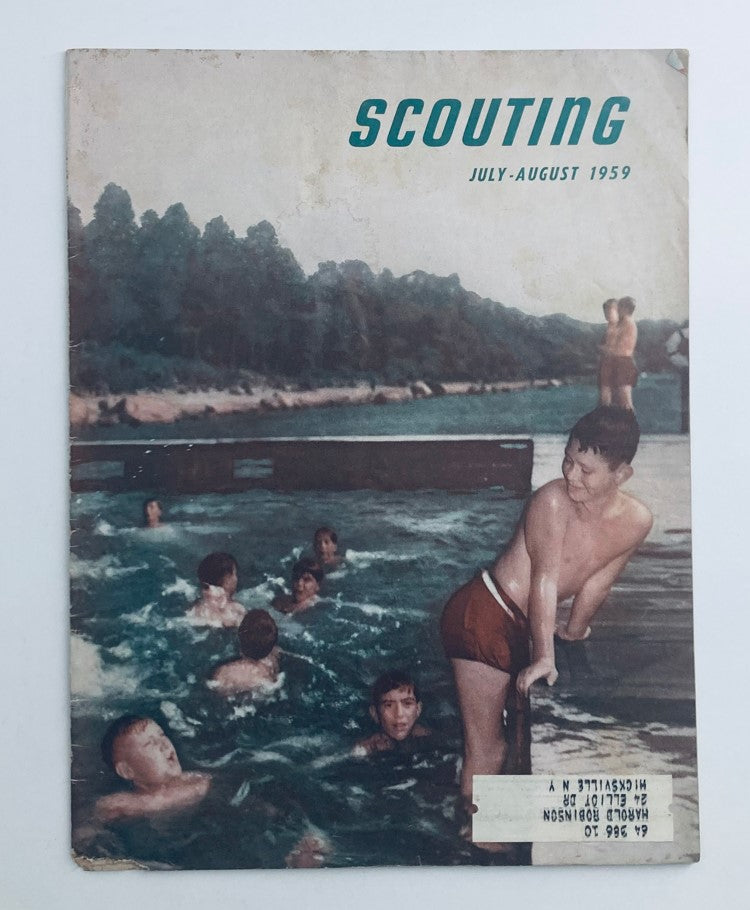 VTG Scouting Magazine July 1959 Cover showcasing boys swimming in a lake while learning outdoor skills such as dog-paddling and mud-crawling.
