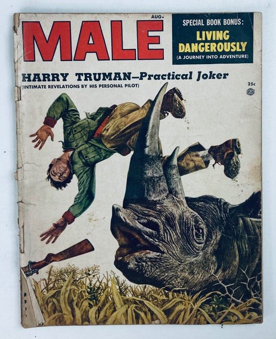 VTG Male Magazine August 1954 Vol 4 No. 8 featuring 'The Day The Eagle Soared'. Cover art depicts a man leaping over a rhinoceros in a dramatic scene.