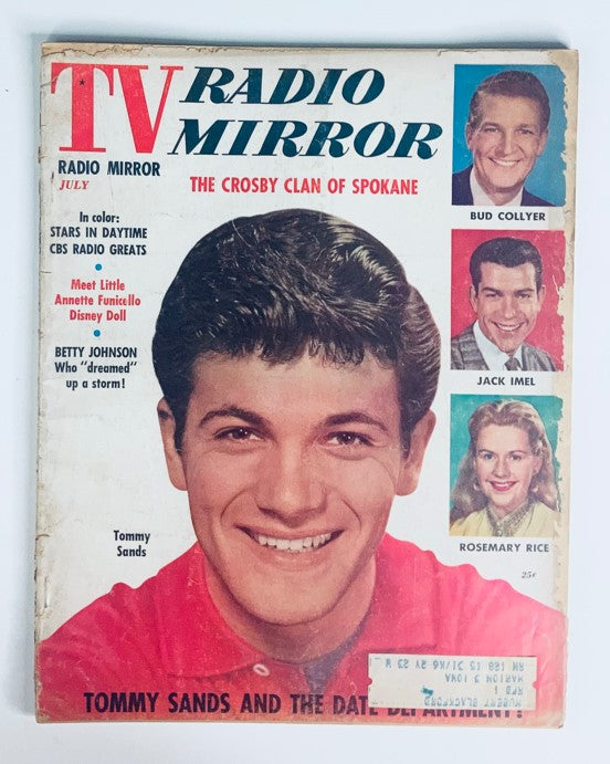 Cover of VTG TV Radio Mirror Magazine July 1957, Volume 48, Number 2 featuring Tommy Sands and Rosemary Rice, with color images of notable entertainers like Bud Collyer and Jack Imel.