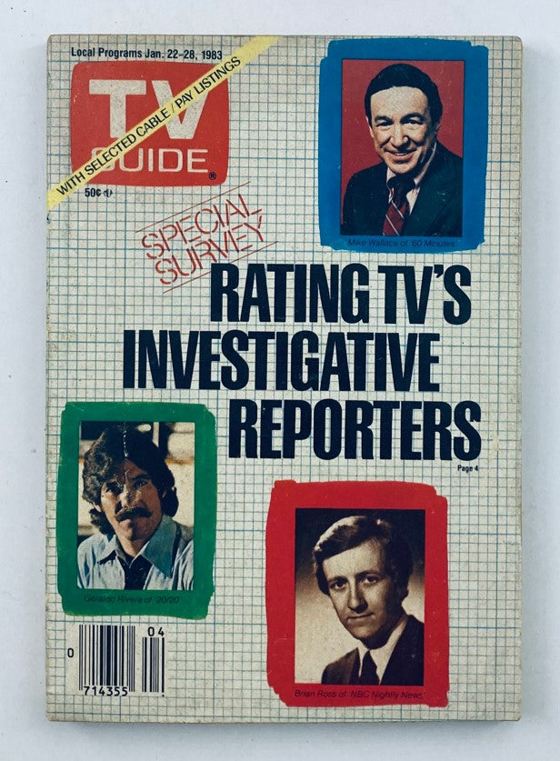 Cover of TV Guide Magazine, January 22, 1983, featuring Mike Wallace and titled 'Rating TV’s Investigative Reporters'. This vintage magazine highlights features on television journalism.