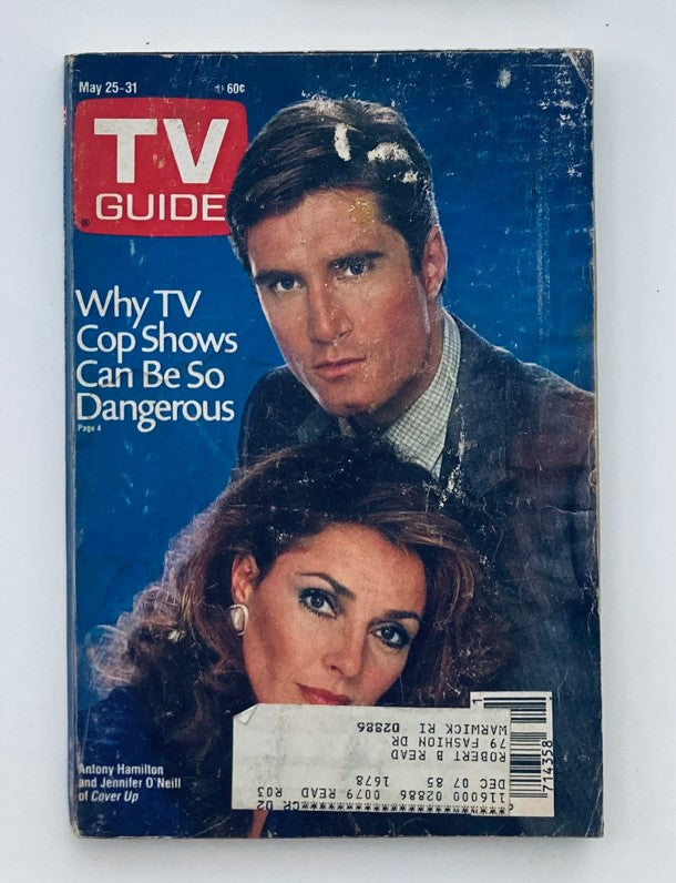 Vintage TV Guide Magazine cover from May 25, 1985 featuring Anthony Hamilton and Jennifer O'Neill. Includes the headline 'Why TV Cop Shows Can Be So Dangerous' and showcases the classic design representative of 1980s television culture.