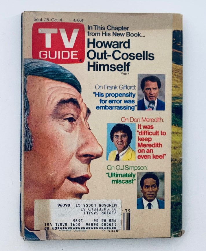 Cover of TV Guide Magazine from September 28, 1985, featuring O.J. Simpson. The magazine highlights a chapter about Howard Cosell and includes quotes about Frank Gifford and Don Meredith. A prominent face illustration and side text describe the content.