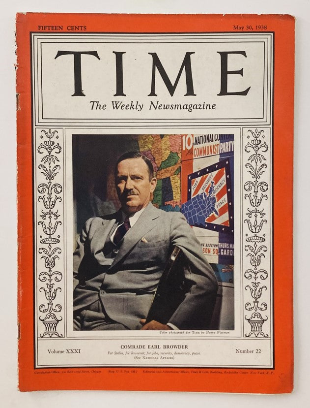 Vintage Time Magazine cover from May 30, 1938, Volume 31, No. 22 featuring Comrade Earl Browder, highlighting the historical significance of the era.