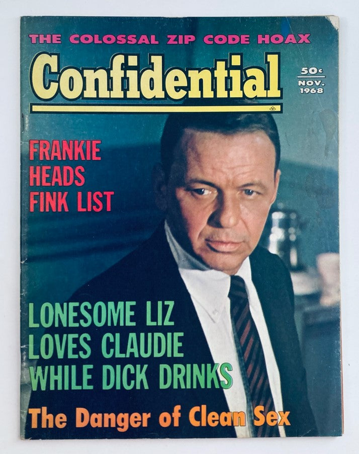 Cover of VTG Confidential Magazine November 1968 Vol 16 No. 11 featuring Frank Sinatra and bold text highlighting articles about celebrity culture and scandal.