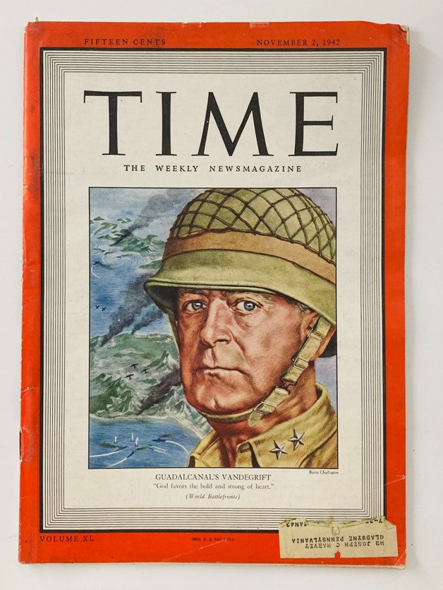 Cover of VTG Time Magazine from November 2, 1942, featuring General Alexander Vandegrift, highlighting the Pacific theater in WWII.