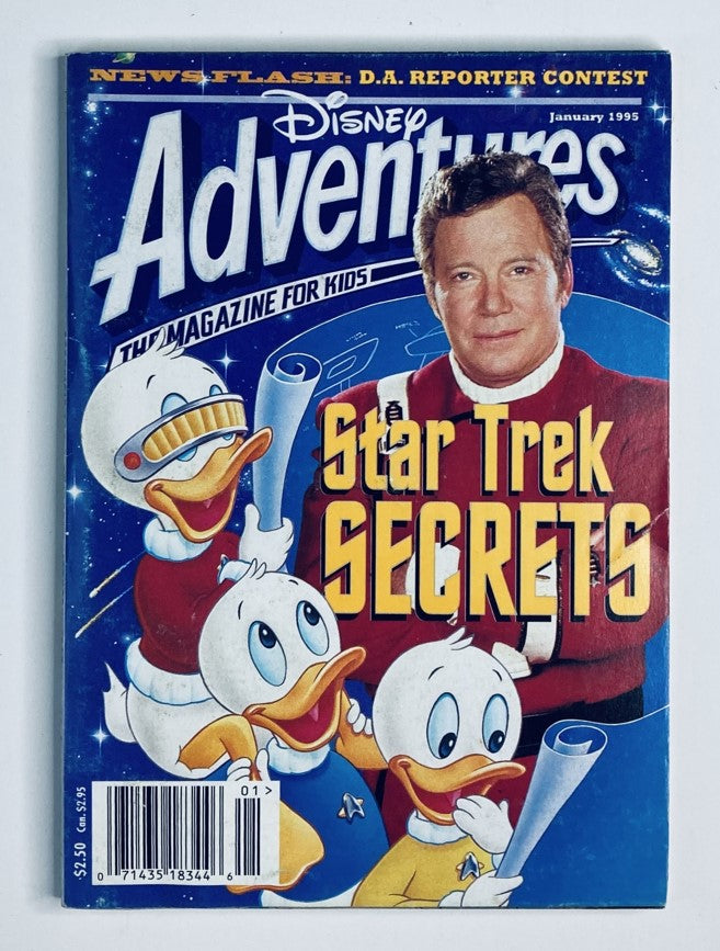 Cover of Disney Adventures Magazine January 1995 featuring Star Trek Secrets, illustrated with Disney characters, Donald Duck and his nephews dressed in space outfits alongside a prominent figure related to Star Trek.