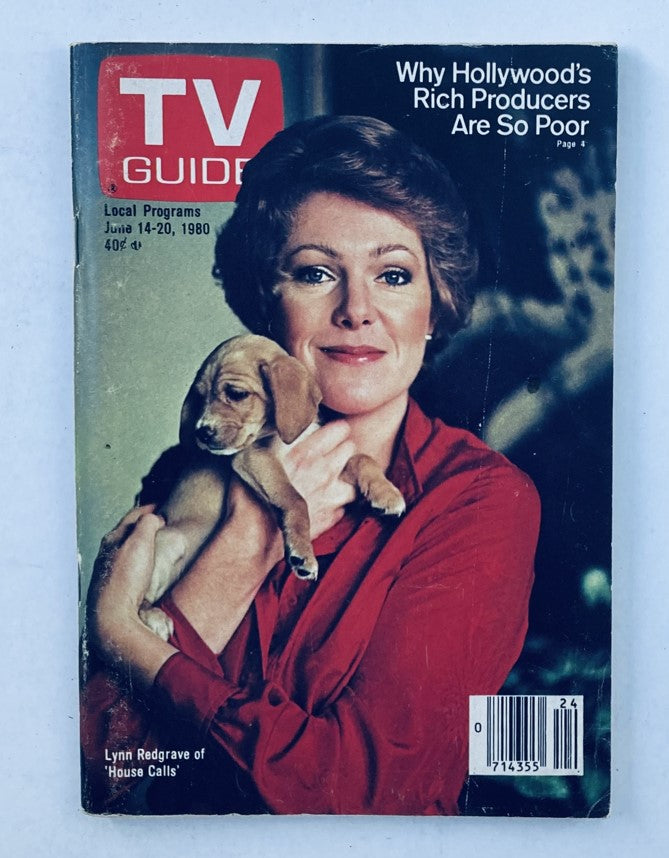 Cover of TV Guide Magazine June 14 1980 featuring Lynn Redgrave holding a puppy, with the headline 'Why Hollywood's Rich Producers Are So Poor.'