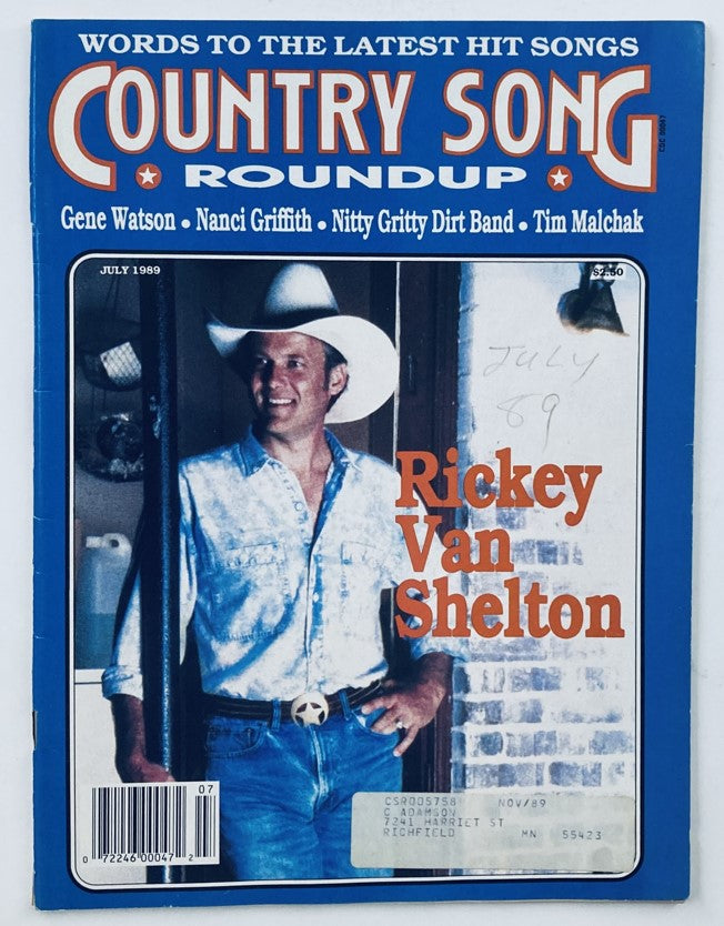 Cover of Vintage Country Song Roundup Magazine from July 1989 featuring Ricky Van Shelton, showcasing elements of country music culture.