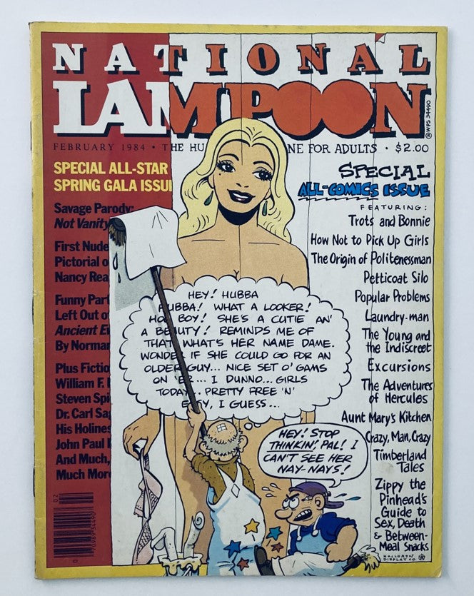 Vintage National Lampoon Magazine February 1984 Vol 2 No 67 featuring an iconic cover with a humorous illustration and bold title. This rare collector's edition showcases the satirical style characteristic of National Lampoon.