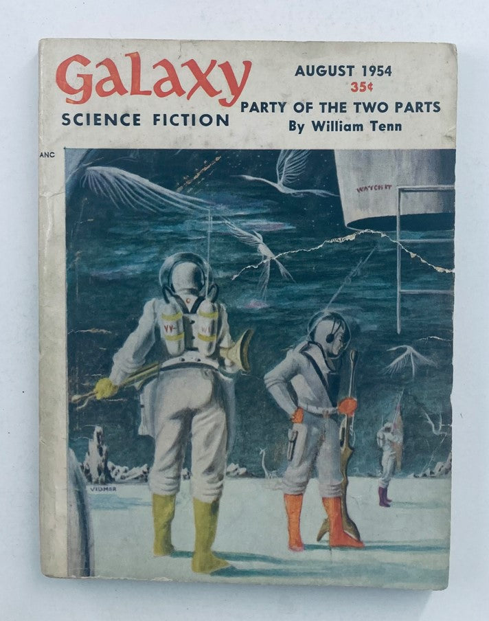Cover of Galaxy Science Fiction Magazine August 1954 featuring title 'Party of the Two Parts' by William Tenn with an illustration of astronauts in a futuristic setting.