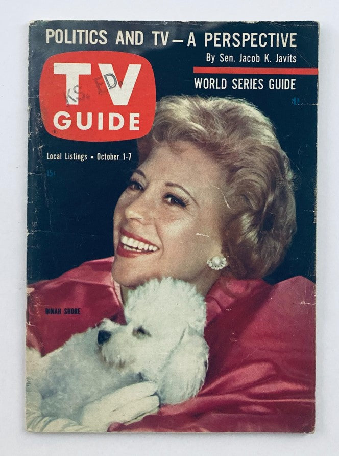TV Guide Magazine October 1 1960 #392 featuring Dinah Shore on the cover, holding a white dog, representing vintage television history.